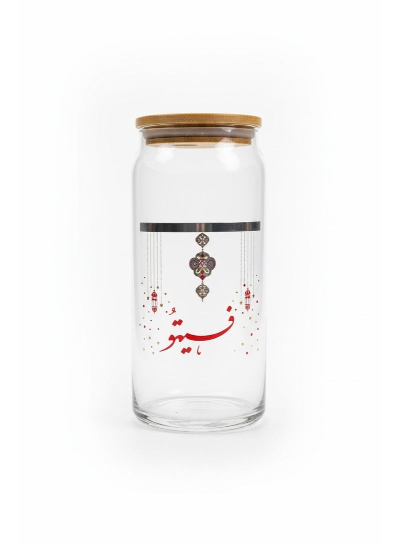 AKDC كوب زجاجي رمضاني مع قشة وغطاء، كوب زجاجي بسعة 550 مل - أحمر - Image 1